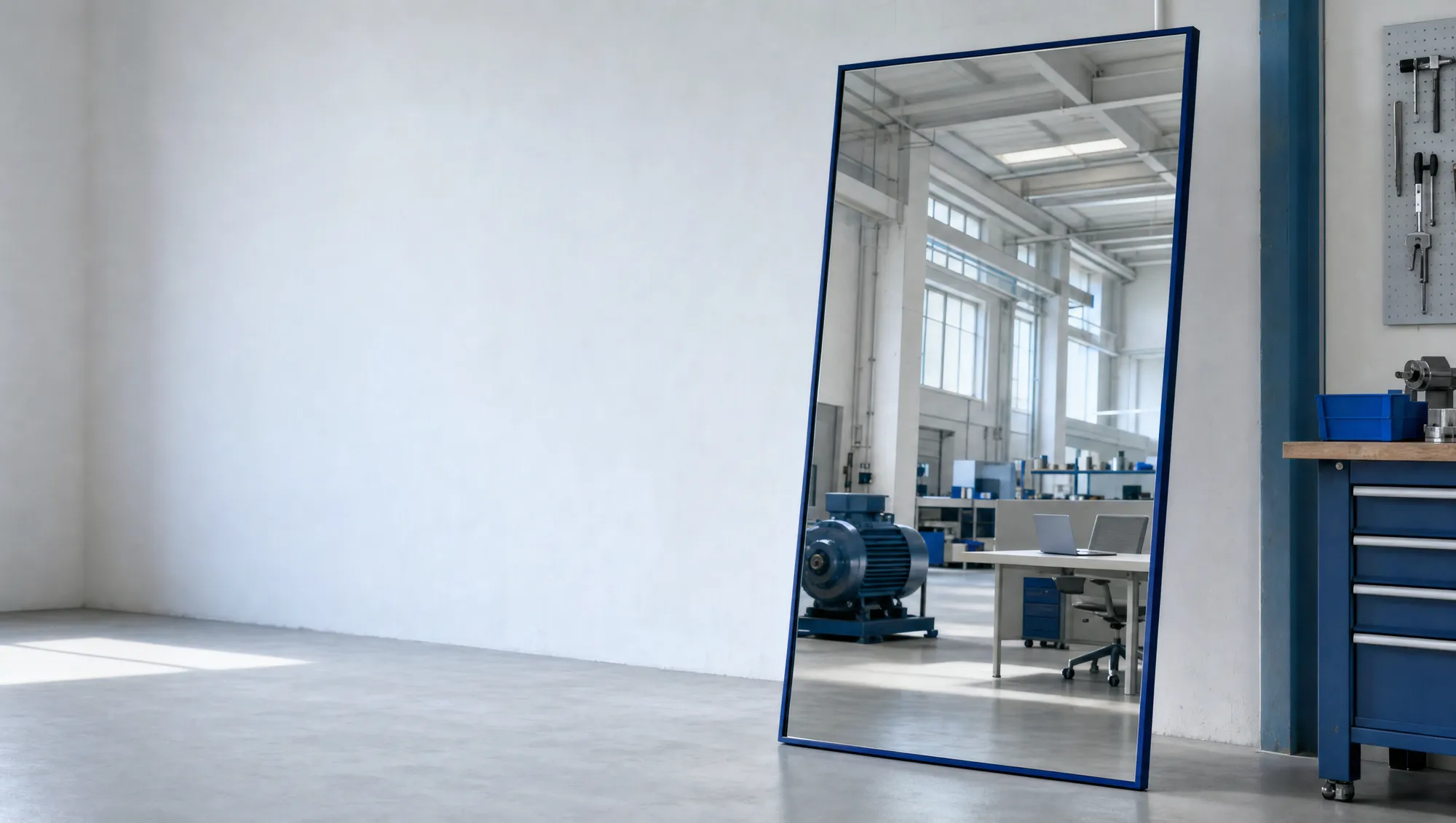 Endüstriyel bir atölyede duran, fabrikayı yansıtan ayna panel
